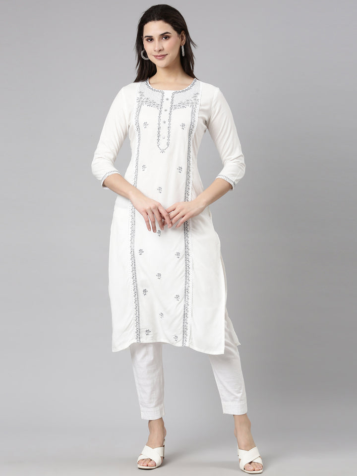 Neerus Grey Regular Straight Floral Kurtas