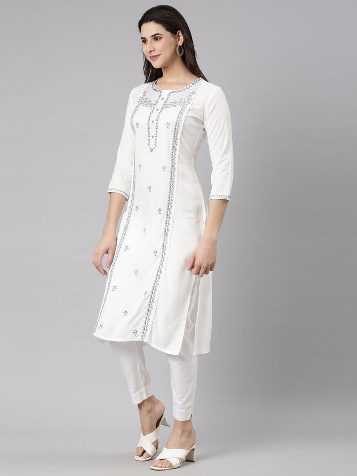 Neerus Grey Regular Straight Floral Kurtas