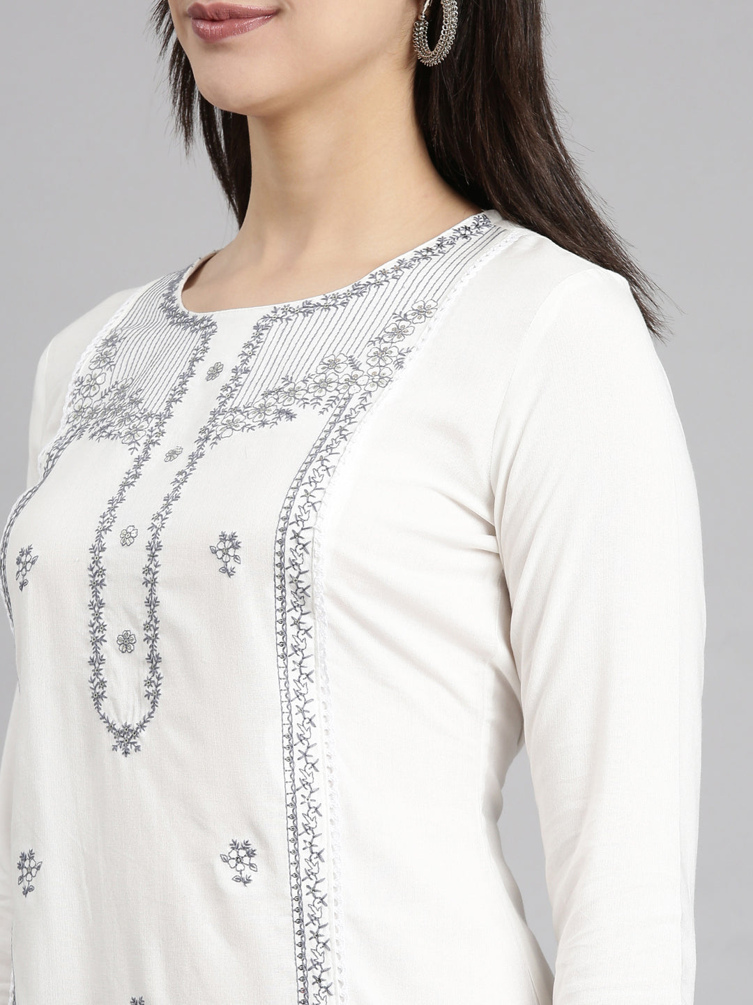 Neerus Grey Regular Straight Floral Kurtas