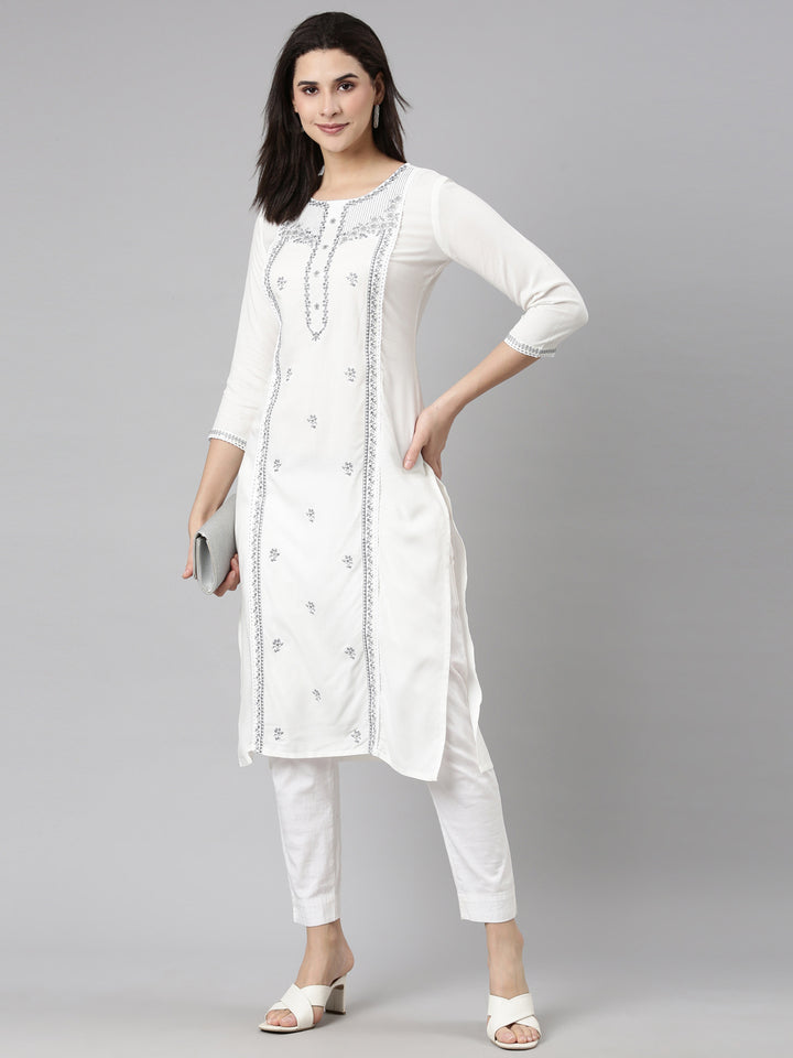 Neerus Grey Regular Straight Floral Kurtas