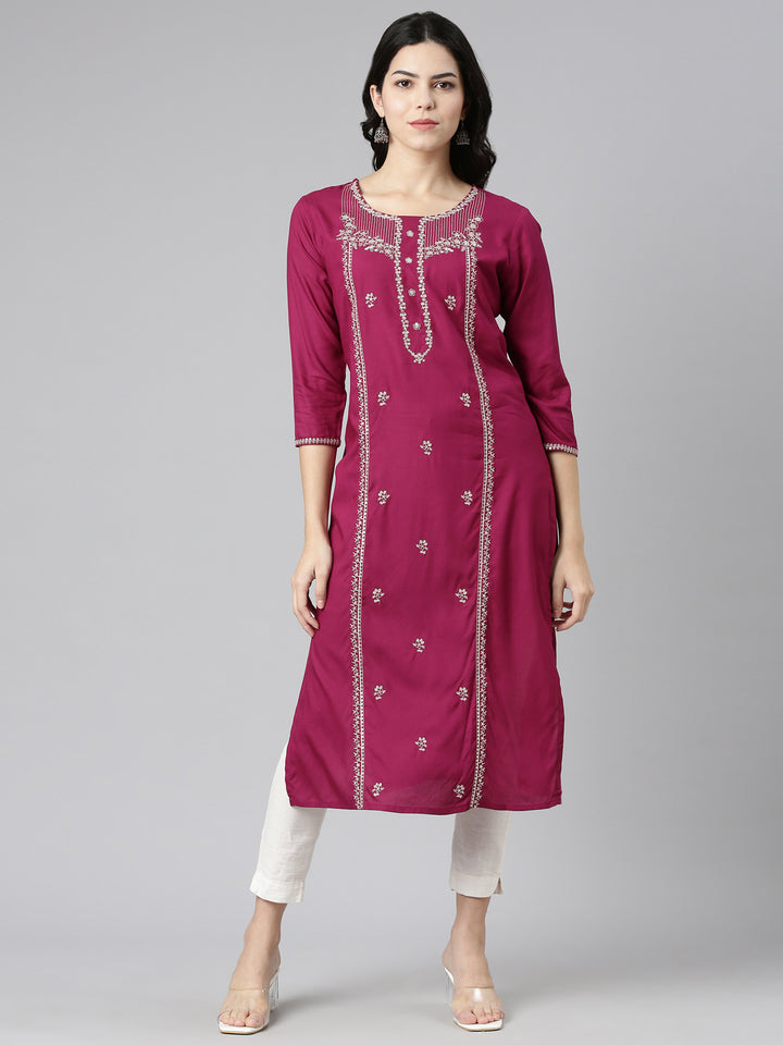 Neerus Magenta Regular Straight Embroidered Kurtas