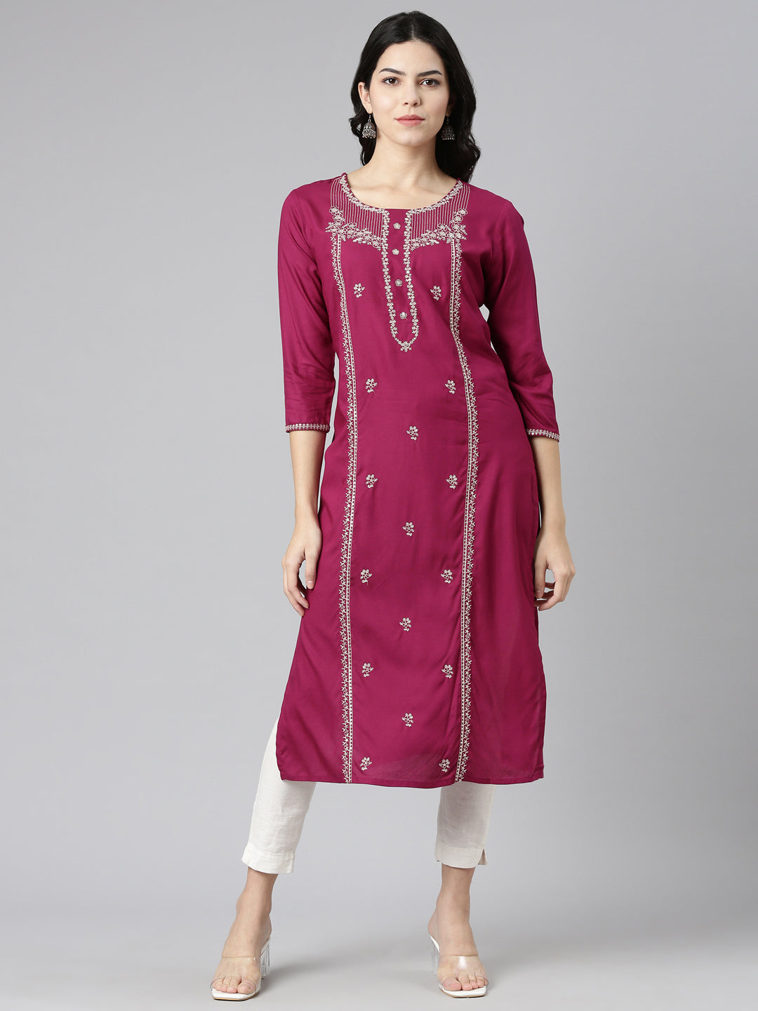 Neeru's Magenta Regular Straight Embroidered Kurtas
