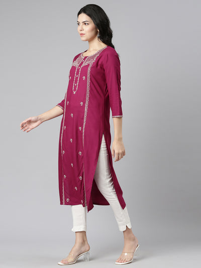 Neeru's Magenta Regular Straight Embroidered Kurtas