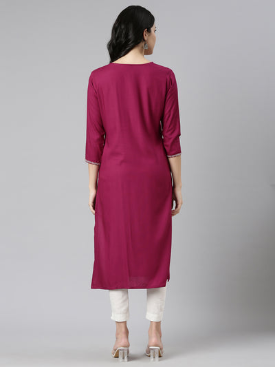Neeru's Magenta Regular Straight Embroidered Kurtas