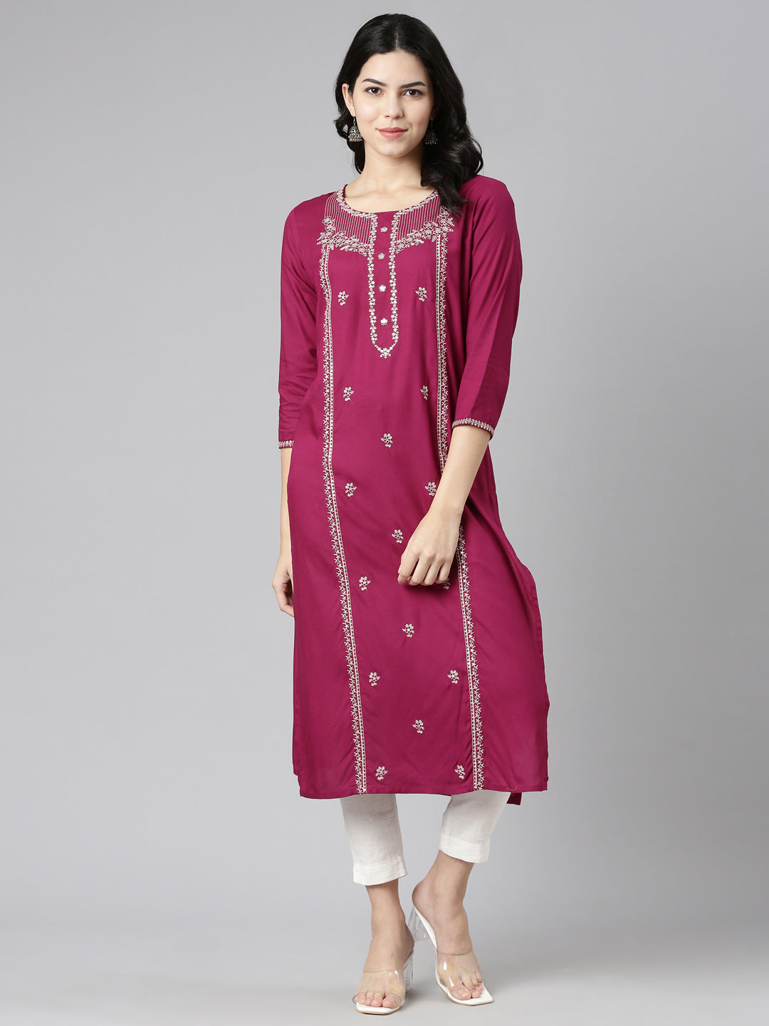 Neeru's Magenta Regular Straight Embroidered Kurtas