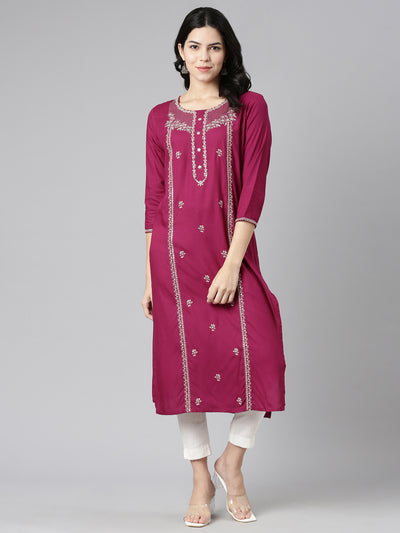 Neeru's Magenta Regular Straight Embroidered Kurtas