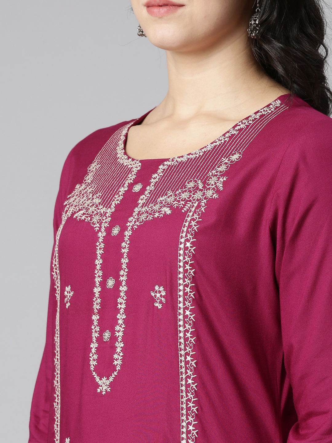 Neeru's Magenta Regular Straight Embroidered Kurtas