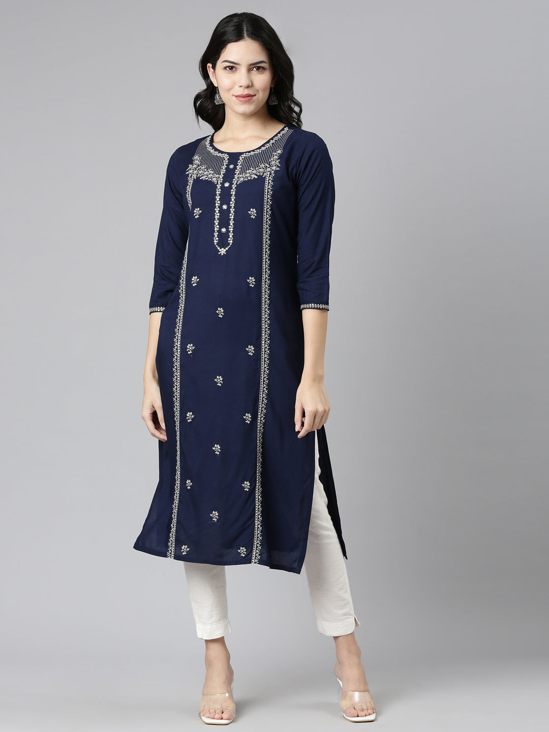 Neerus Blue embroidered straight kurti - front view