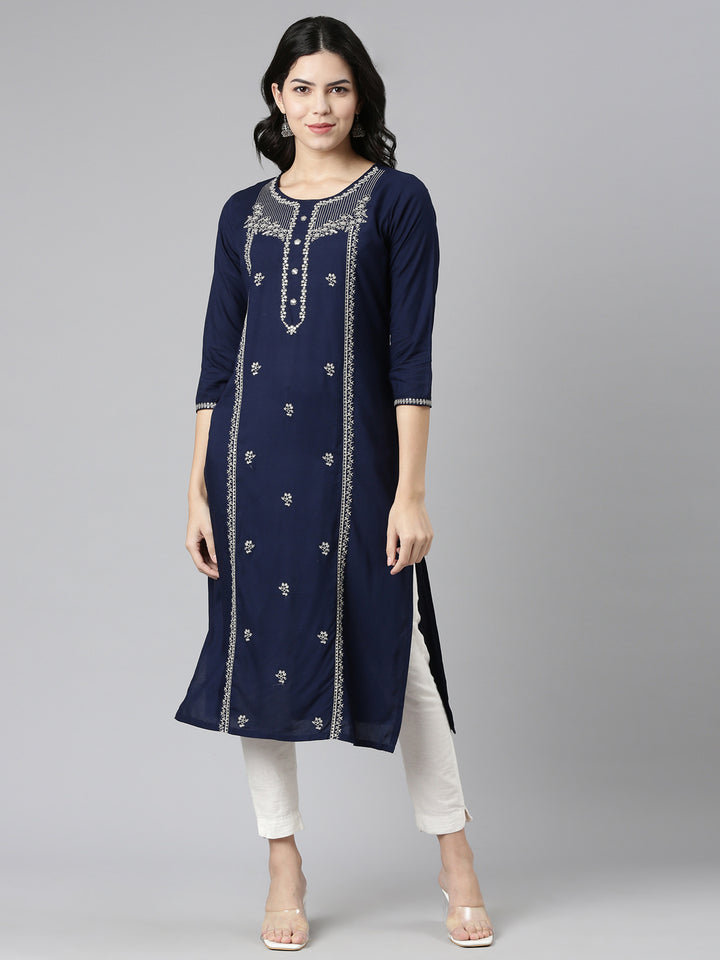 Neerus Blue embroidered straight kurti - front view
