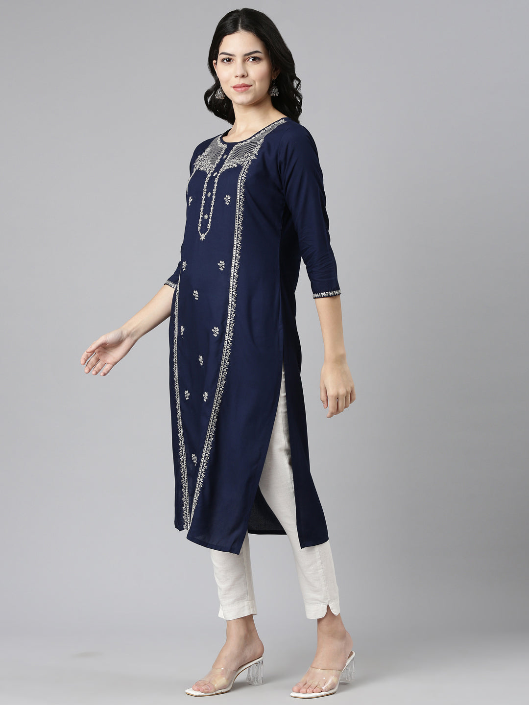Neerus Navy Blue Regular Straight Embroidered Kurtas