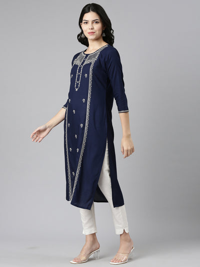Neerus Navy Blue Regular Straight Embroidered Kurtas
