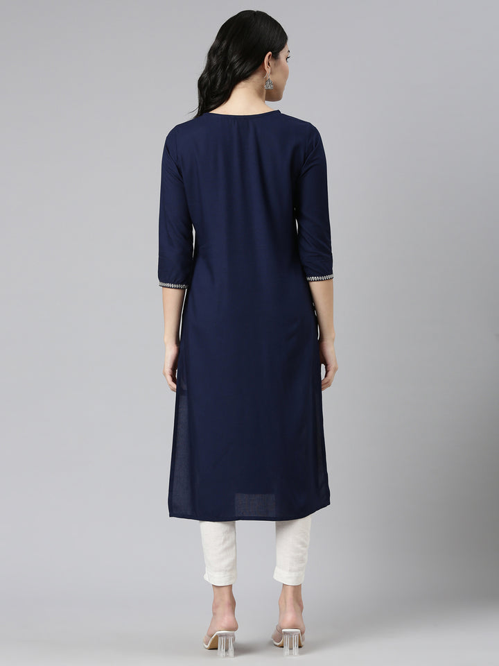 Neerus Blue embroidered straight kurti - side view