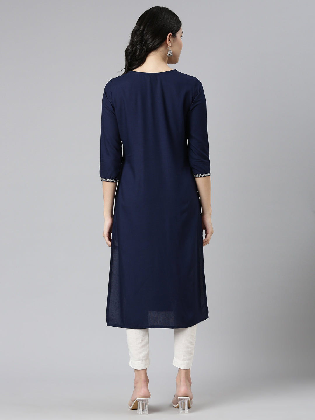 Neerus Navy Blue Regular Straight Embroidered Kurtas