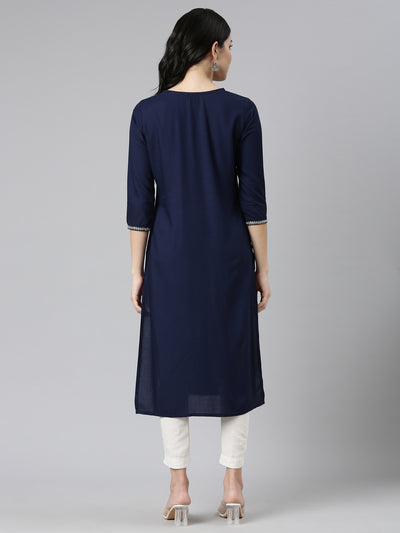 Neerus Navy Blue Regular Straight Embroidered Kurtas