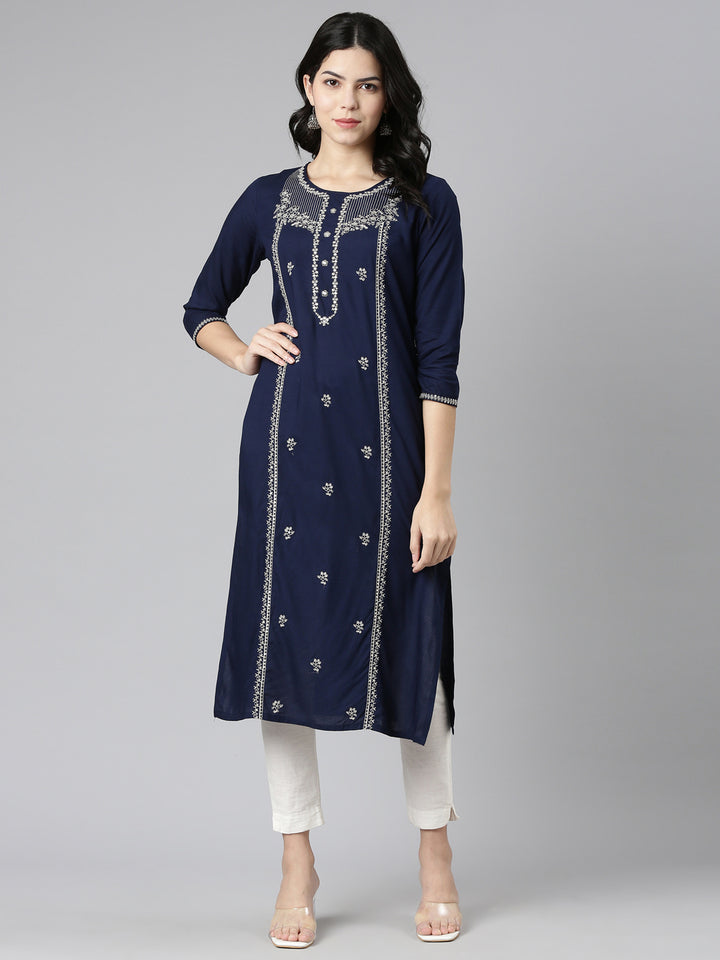Neerus Blue embroidered straight kurti - detail view 2