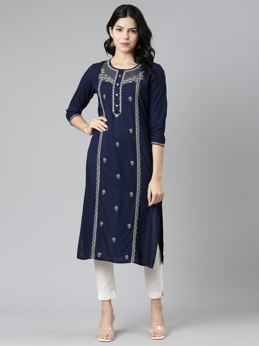 Neerus Navy Blue Regular Straight Embroidered Kurtas