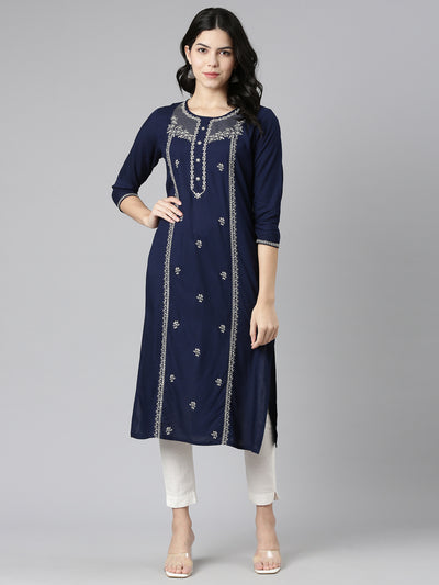 Neerus Navy Blue Regular Straight Embroidered Kurtas