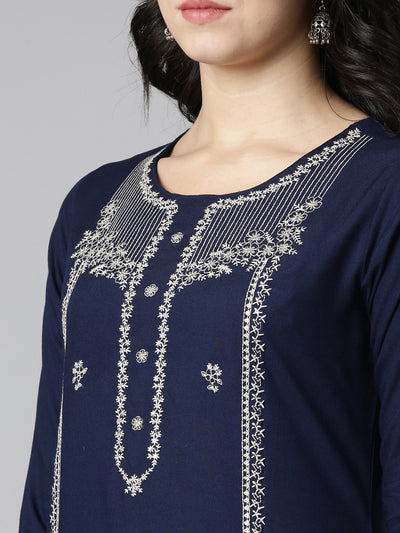 Neerus Navy Blue Regular Straight Embroidered Kurtas