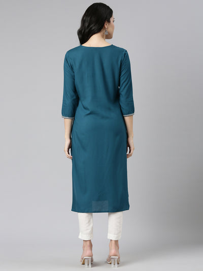 Neerus Green Regular Straight Embroidered Kurtas