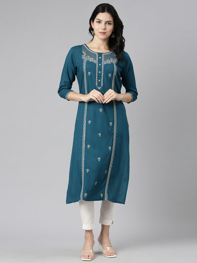 Neerus Green Regular Straight Embroidered Kurtas
