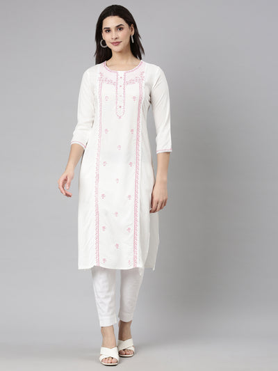 Neerus Pink Regular Straight Floral Kurtas