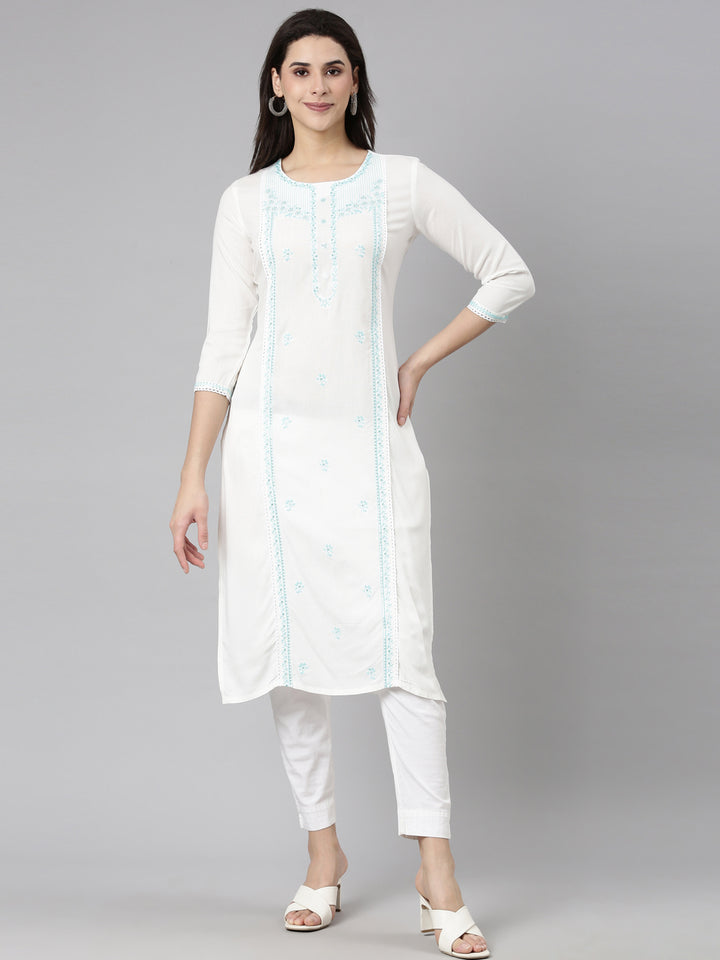 Neerus Blue Regular Straight Floral Kurtas
