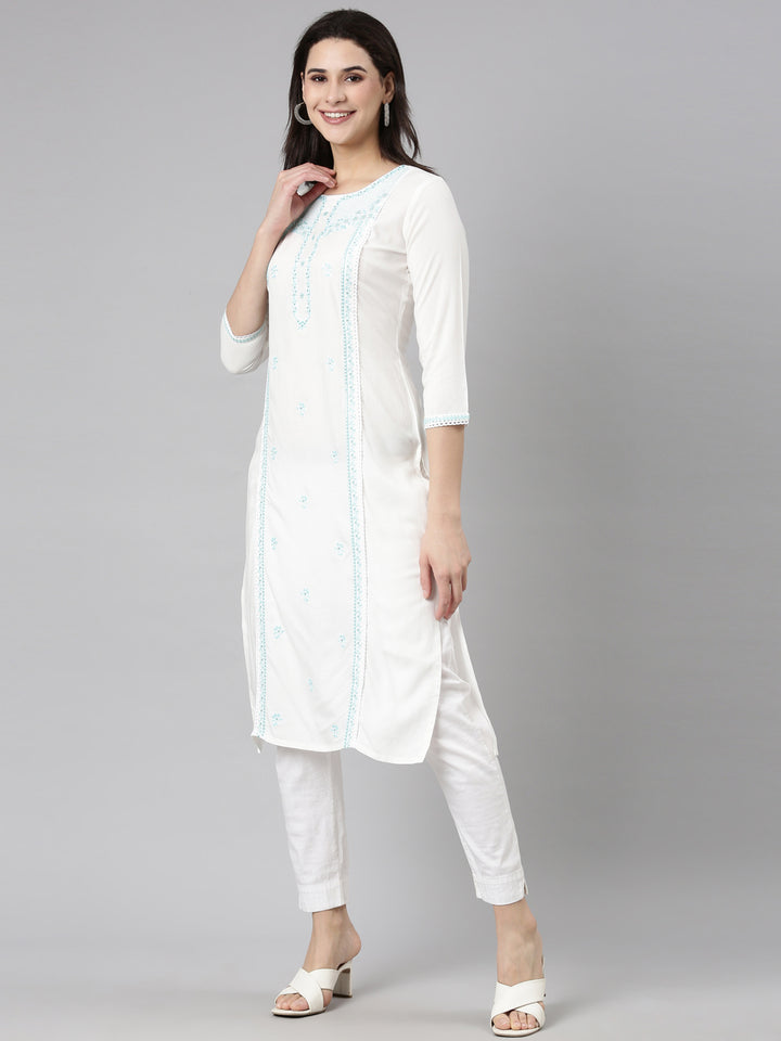 Neerus Blue Regular Straight Floral Kurtas