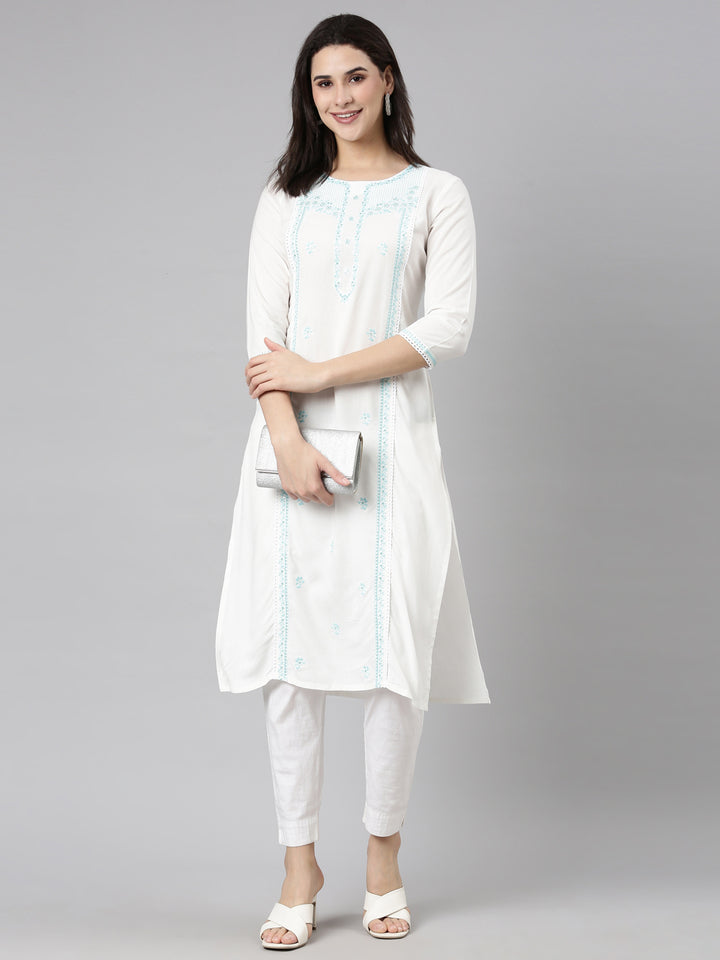 Neerus Blue Regular Straight Floral Kurtas