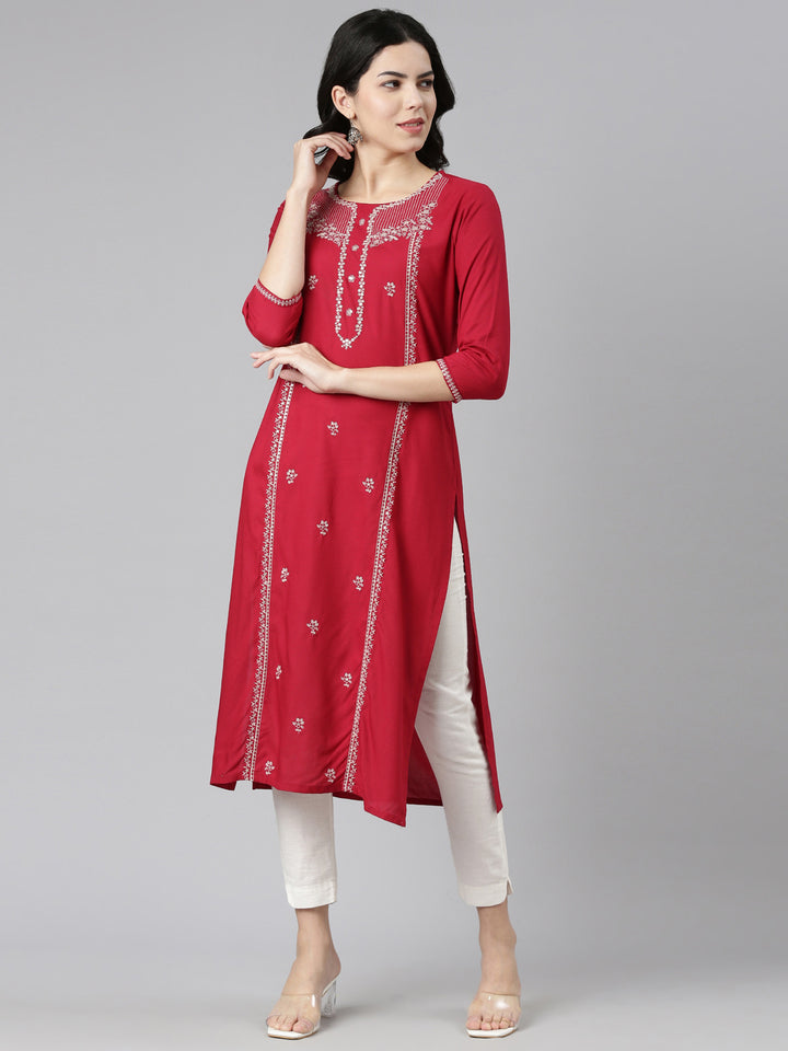 Neerus Red embroidered straight kurti - front view
