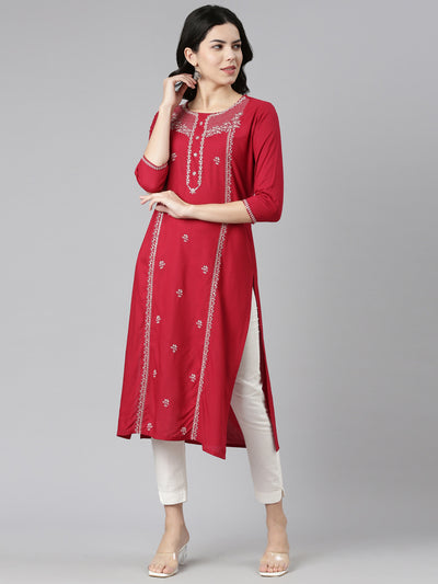 Neerus Red Regular Straight Embroidered Kurtas