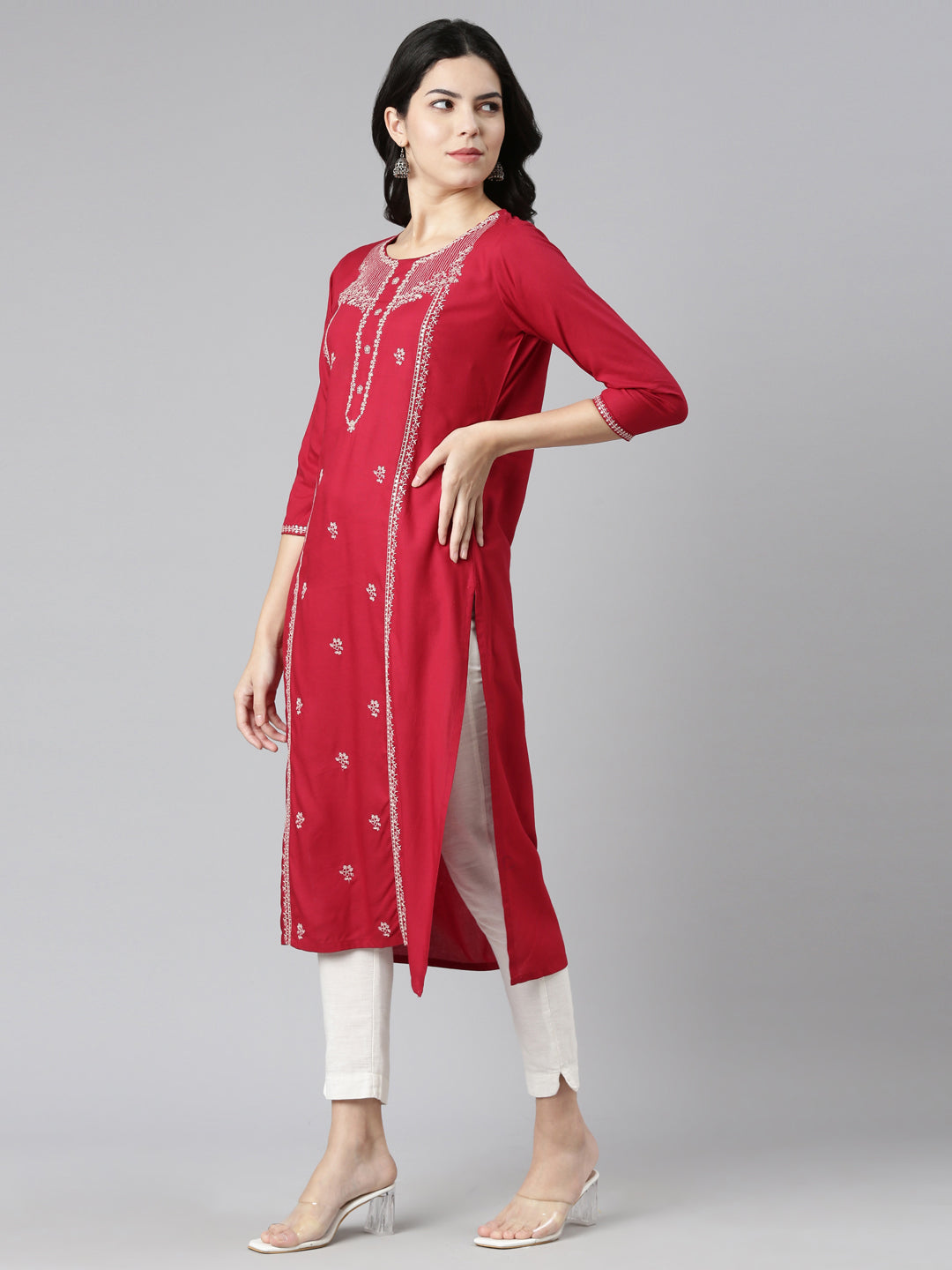 Neerus Red embroidered straight kurti - back view