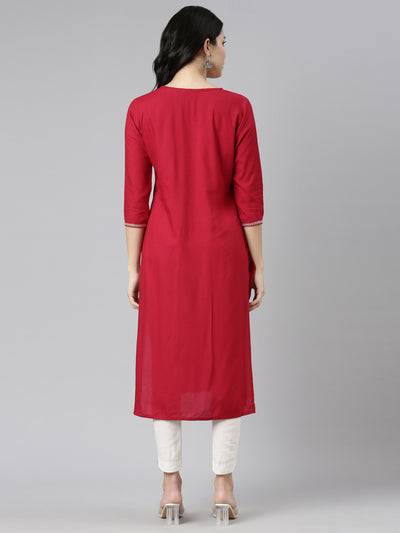 Neerus Red Regular Straight Embroidered Kurtas