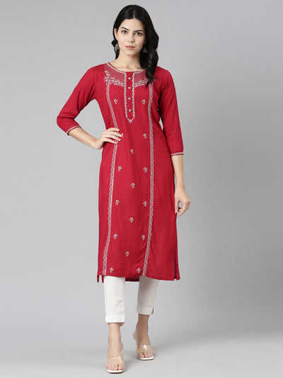 Neerus Red Regular Straight Embroidered Kurtas