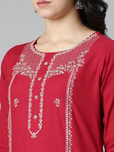 Neerus Red Regular Straight Embroidered Kurtas