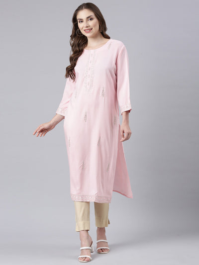 Neerus Pink Panelled Straight Floral Kurtas