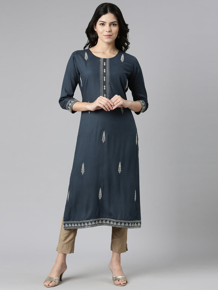 Neerus Blue Regular Straight Embroidered Kurtas