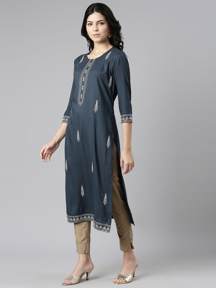 Neerus Blue Regular Straight Embroidered Kurtas