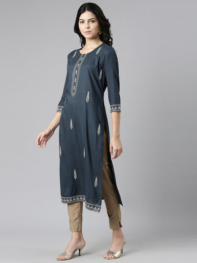 Neerus Blue Regular Straight Embroidered Kurtas