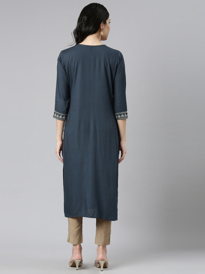 Neerus Blue Regular Straight Embroidered Kurtas