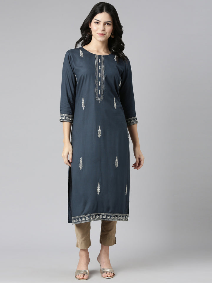 Neerus Blue Regular Straight Embroidered Kurtas