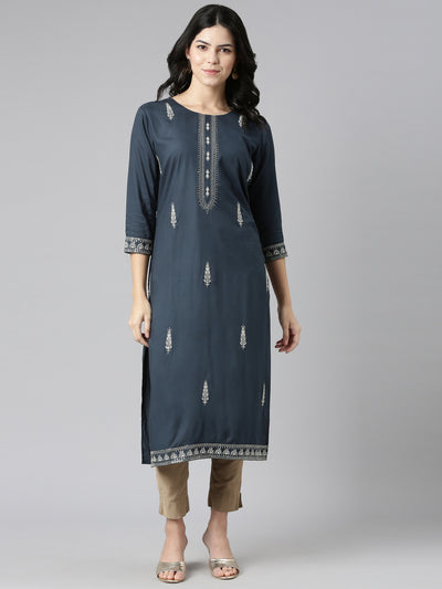 Neerus Blue Regular Straight Embroidered Kurtas