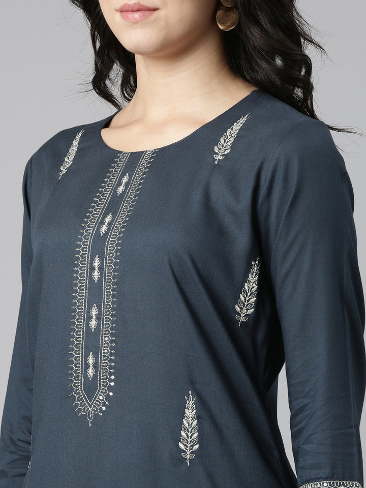 Neerus Blue Regular Straight Embroidered Kurtas