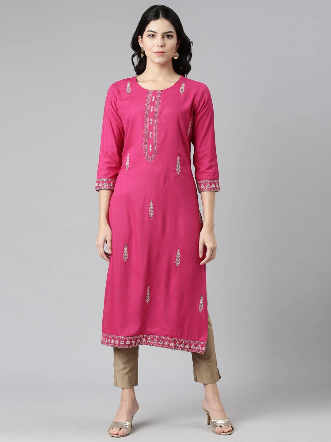 Neerus Pink Regular Straight Embroidered Kurtas