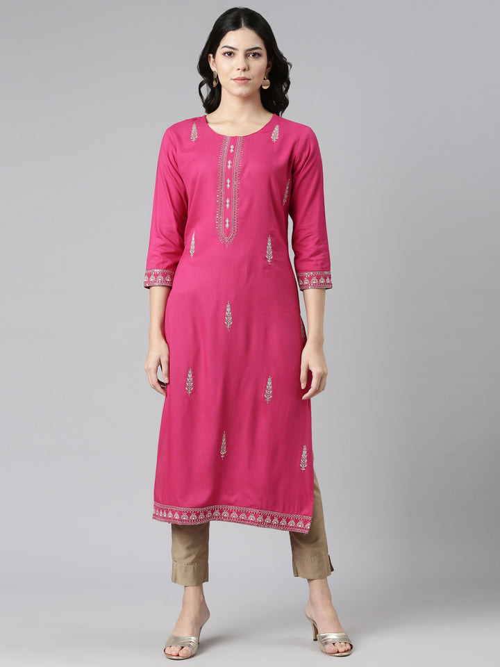 Neerus Pink Regular Straight Embroidered Kurtas