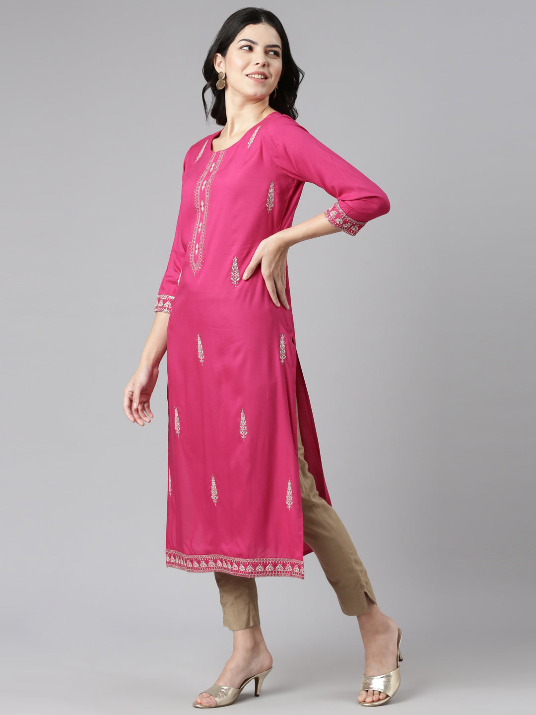 Neerus Pink Regular Straight Embroidered Kurtas