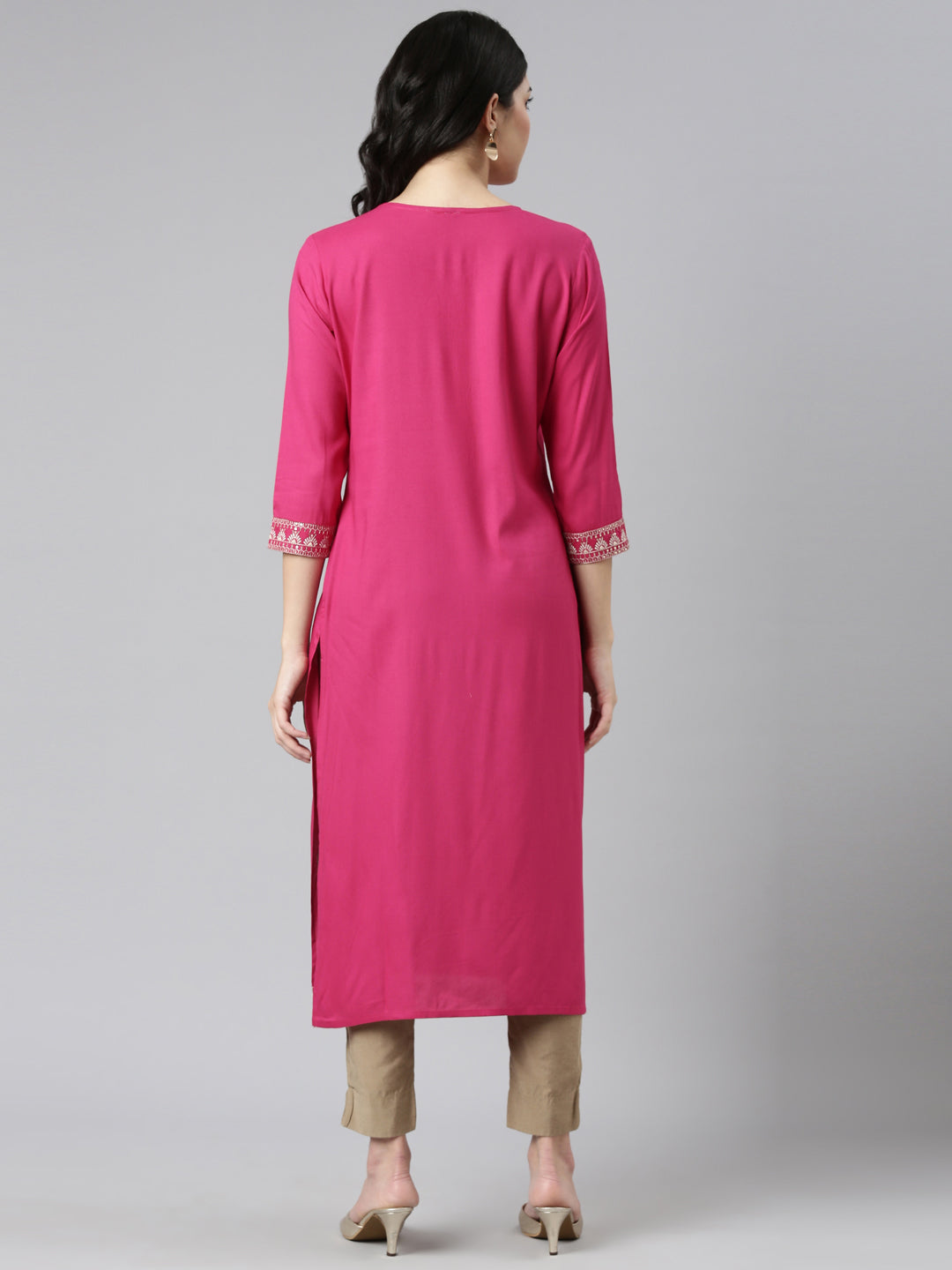 Neerus Pink Regular Straight Embroidered Kurtas