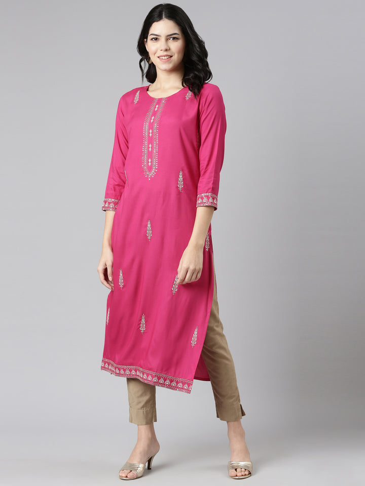 Neerus Pink Regular Straight Embroidered Kurtas