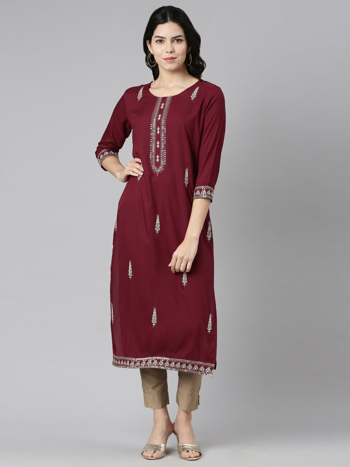 Neerus Purple Regular Straight Embroidered Kurta