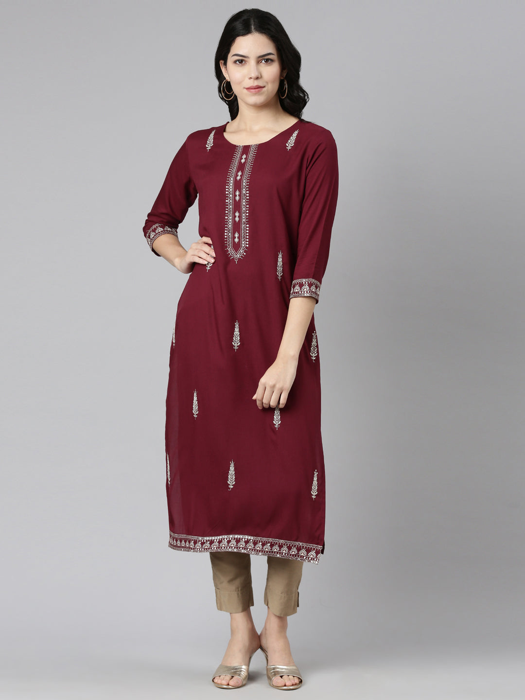 Neerus Purple Regular Straight Embroidered Kurtas