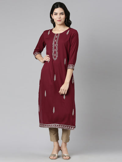 Neerus Purple Regular Straight Embroidered Kurtas